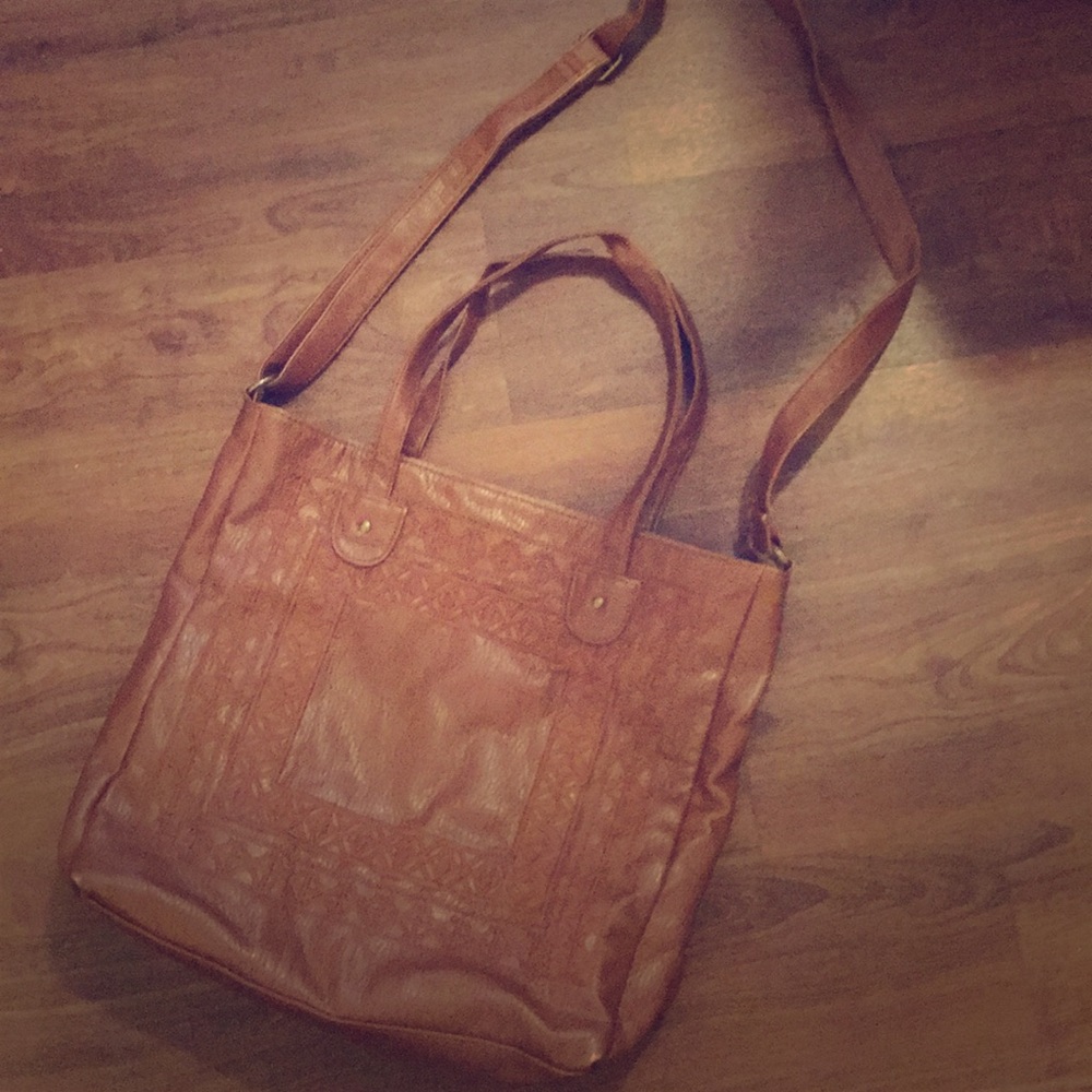 Brown faux leather cross body tote